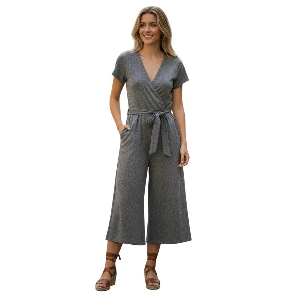 Reformation Minimalist $218 Grey Short Sleeve Wide Leg Tie Waist Jumpsuit Fits S